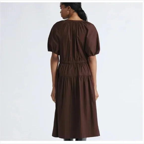 Free Assembly Brown Belted Cotton Midi V-Neck Dress with Puff Sleeves NWT - Picture 3 of 6